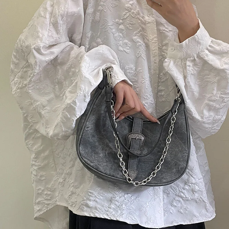 Retro Black Women\'s Small Shoulder Bag Fashion Half Moon Female Underarm Bag Chain Design Ladies Tote Purse Portable Handbag