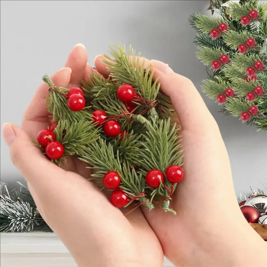 Mini Künstliche Kiefernnadeln & Rote Beeren-Sträuße, Stechpalmenzweige Weihnachtsschmuck, Heim-Innendekoration für Esstisch & Party – Detail 3