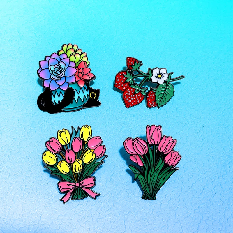 

AniPins Bouquet Flowers Strawberry Pins For Women Clothes Backpack 4-design Enamel Fruits Plants Metal Label Badge Gifts
