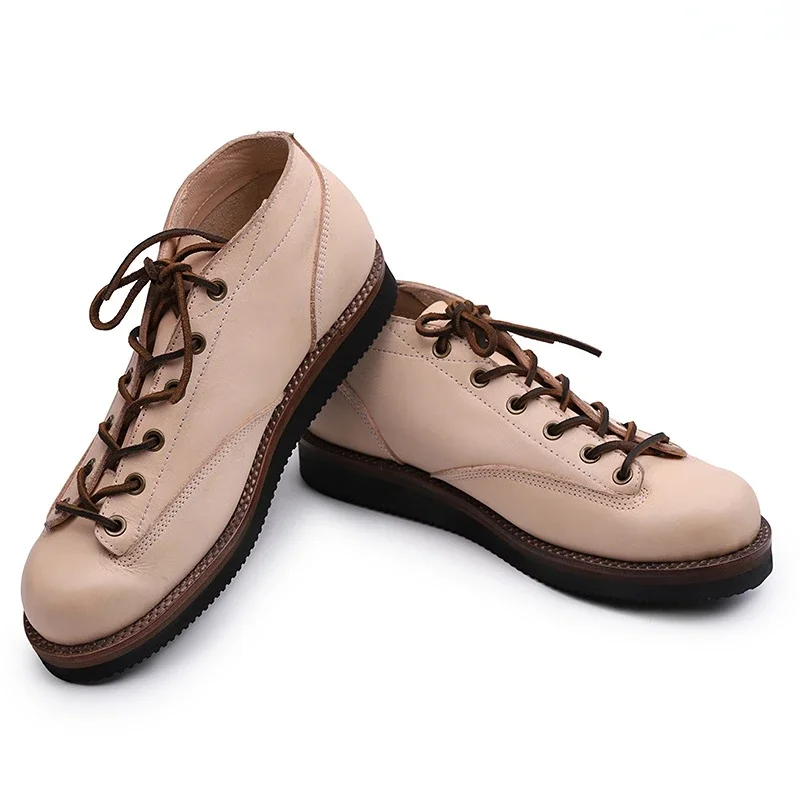 Spring Autumn Lacing Ankle Low Men Boots White Cowhide Leather Goodyear-welted Large Designer Shoes