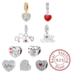 925 Sterling Silver Romantic Red Love Heart Pink Charms Beads Fit Original  DIY Bracelets for Woman Pendant Fine Jewelry