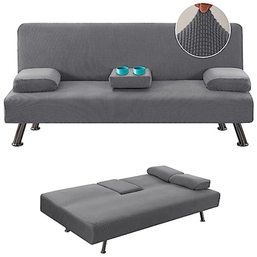 

4 Pieces Stretch Futon Covers Sofa Bed Slipcover with Removable Armrests and Cupholders Covers Furniture Protector High Spandex