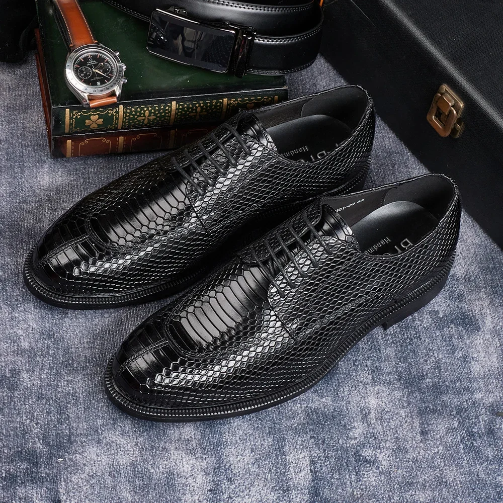Men's British Style Genuine Leather Python Pattern Wedding Shoes Business Formal Dress Shoes