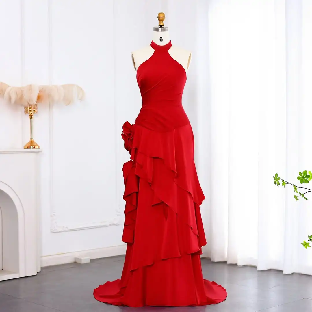 

QR Customized Elegant Luxurious Women Evening Dresses Chiffon A-line Halter Prom Occasion Floor Length Pleats 3D Flowers Ruffle