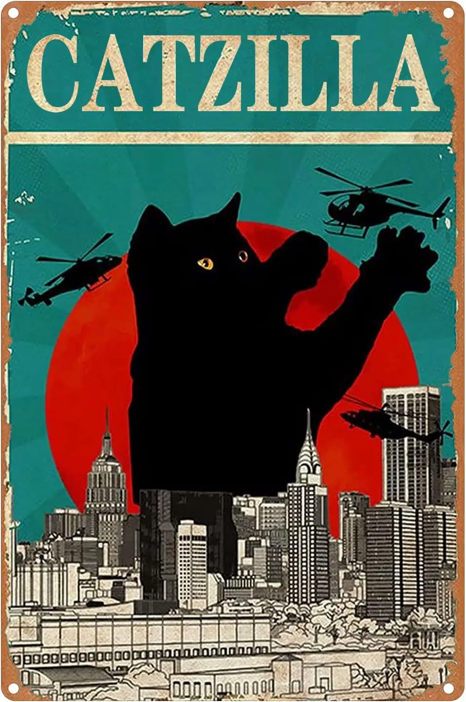 Catzilla Black Cat Tin Sign Funny Cat Tin Sign Crazy Cat Lady Retro Metal Signs for Garage Man Cave Funny Cat Black Cat Lover To