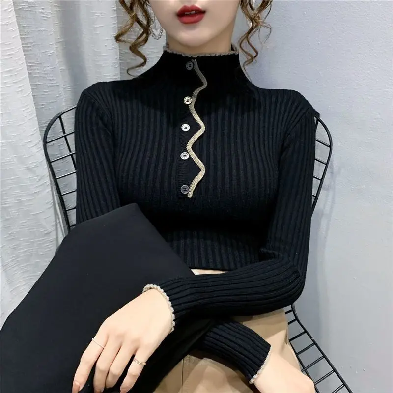 Autumn and Winter Women\'s Solid Half High Collar Long Sleeve Slim Knitted Sweaters Jumpers Button All-match Fashion Casual Tops