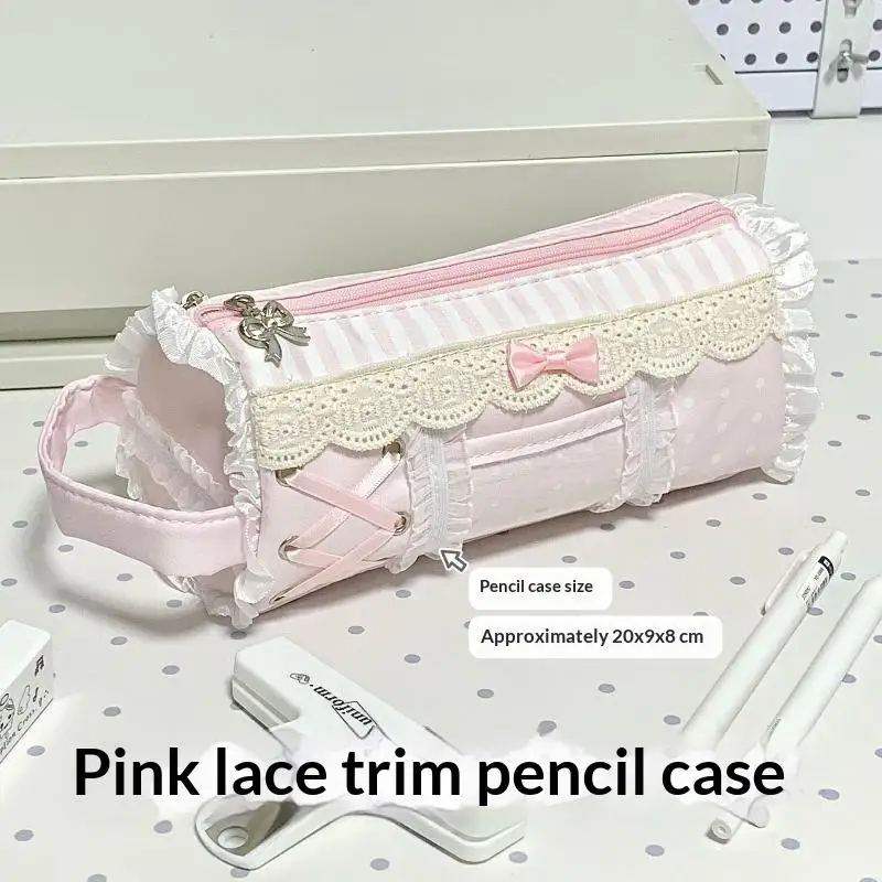 Rosa Mädchen-Stiftetui mit süßer Spitze, großes Fassungsvermögen, Schreibtisch-Organizer, Stifttasche, süße Mädchen-Make-up-Tasche, Geschenk, 1 Stück – Detail 1