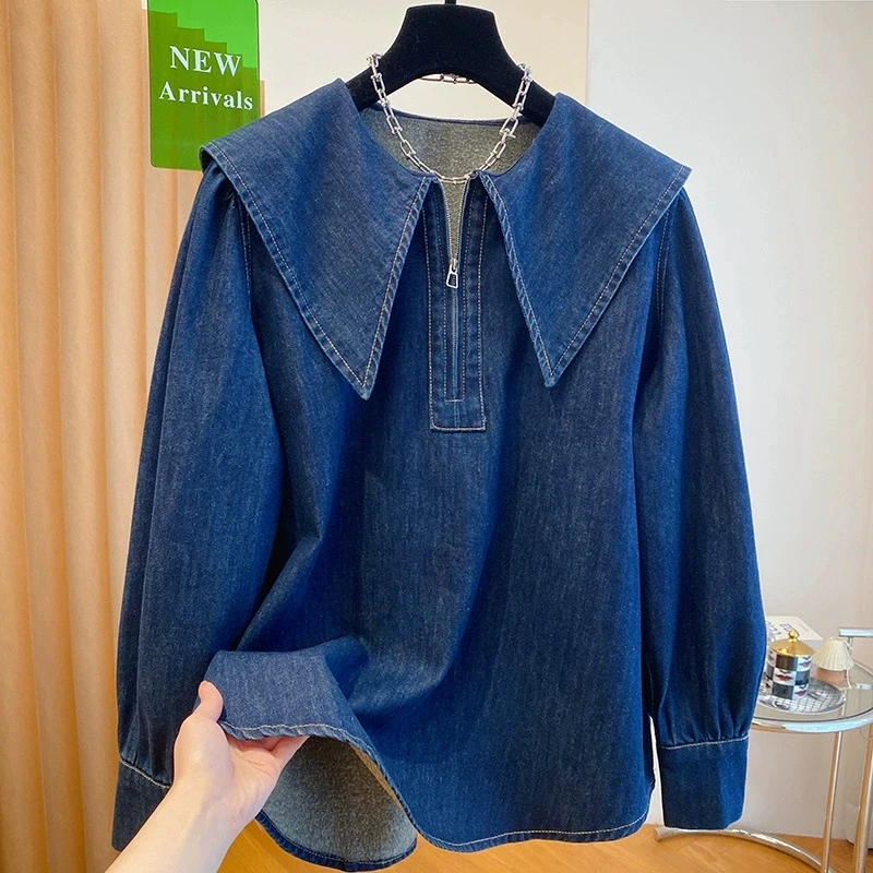 Fashion Blue Denim Shirt Women's 2025 Spring Autumn Long Sleeve Korean Casual All-match Loose Temperament Blouse Ladies Tops