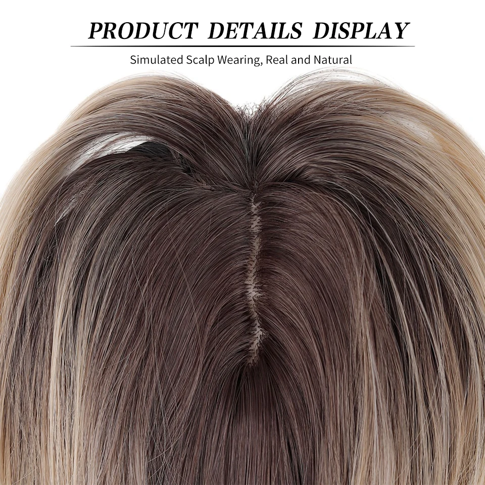 18Inch Long Wavy Dark Root Blonde Hair Topper with Bangs Synthetic Clip In Hair Topper for Women Thinning Cover Gray Hair