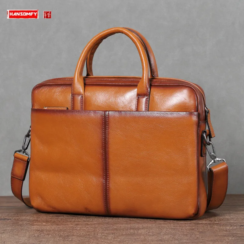 

Vegetable Tanned Leather Men's Handbags 14 Inch Laptop Bag Business Briefcase Retro Cowhide Shoulder Crossbody Bags 2024 New