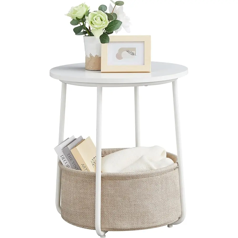 

End Table, Small Bedside Table With Fabric Basket, Modern Nightstand, Round Side Table, For Living Room, Bedroom, Matte White