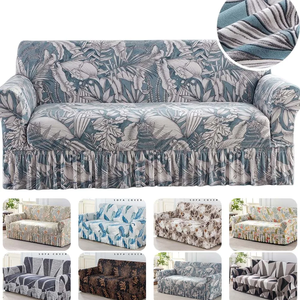 1/2/3/4 Seater Printed Sofa Slipcover with Skirt Dustproof Armchair Couch Covers Washable Sofa Protector for Living Room Hotel