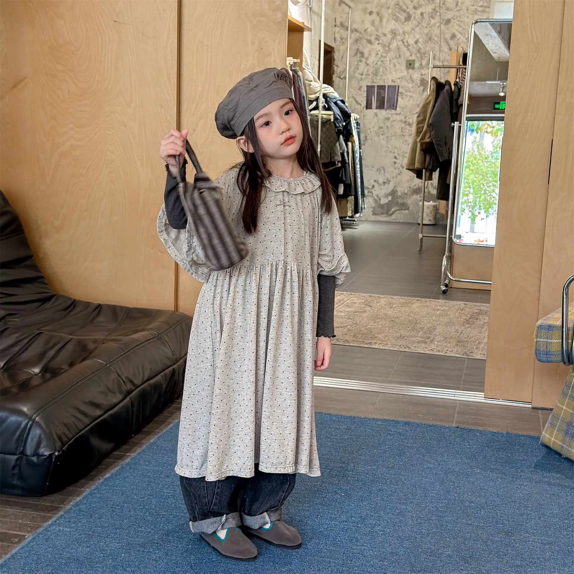 

2026 Spring New Girls Lace Collar Long Dress Cotton Children Long Sleeve Casual Dress Baby Girl Polka Dot Dress Kids Clothes