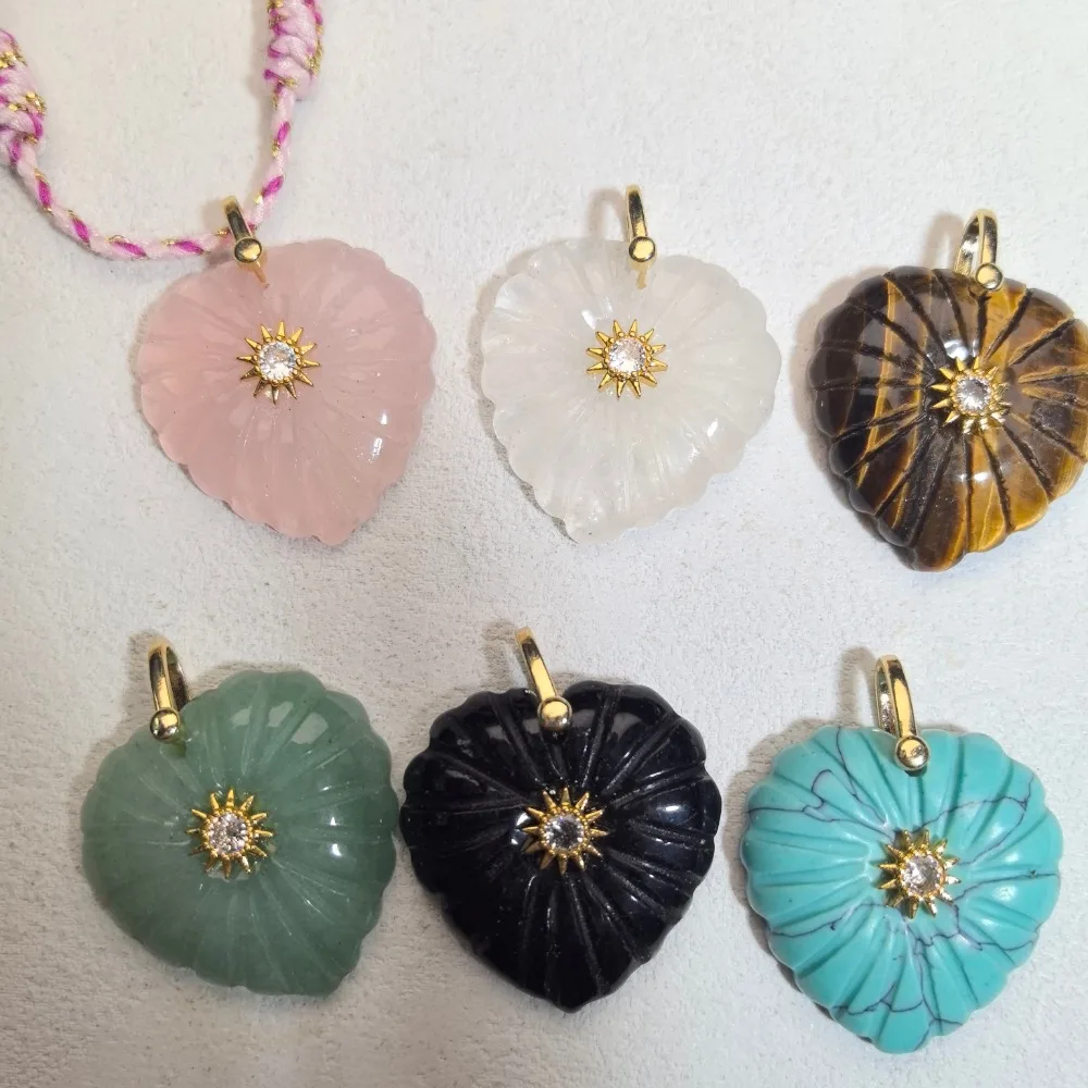 Natural Stone Carved Vintage Large Heart Crystal Agate Inlaid Hexagram Patch Pendant Copper Clasp DIY Necklace Accessories