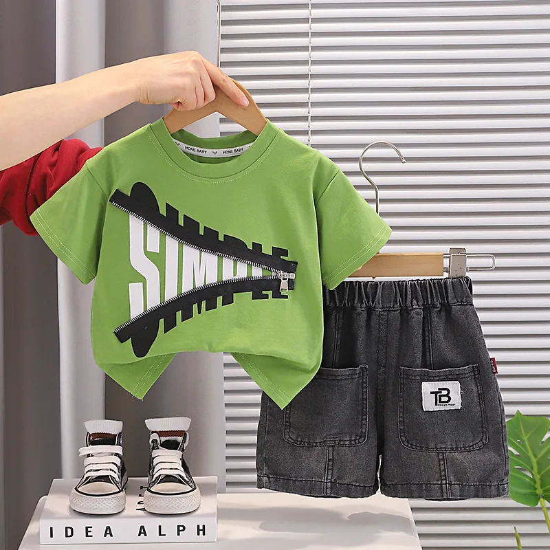 0-5 Years Baby Boy Summer Clothes 2026 New Kids Cartoon Casual Letter Zipper Short Sleeve T-shirts and Denim Shorts Outfit Set