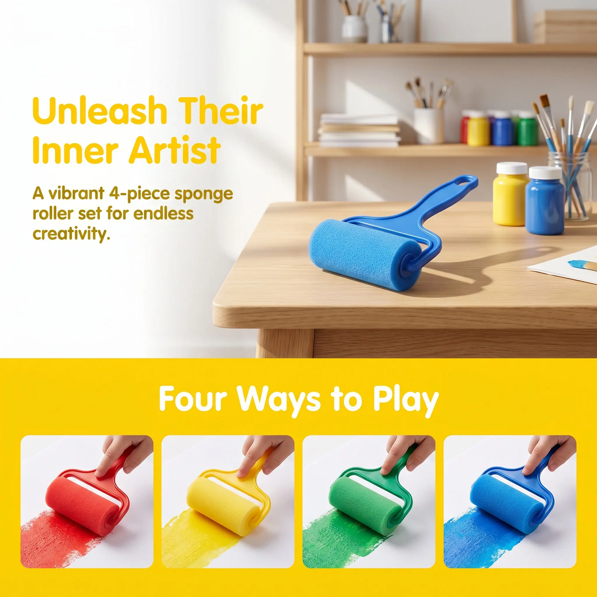 4Pcs Wide Handle Sponge Roller Painting Brushes Portable Drawing Tools Painting Supplies Roller Set for DIY Acrylic