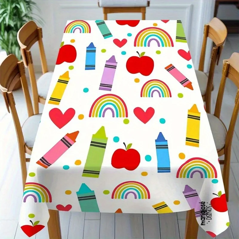 One 60x86-inch back-to-school themed tablecloth - featuring fun school designs with apples, pencils and rainbowsZYC