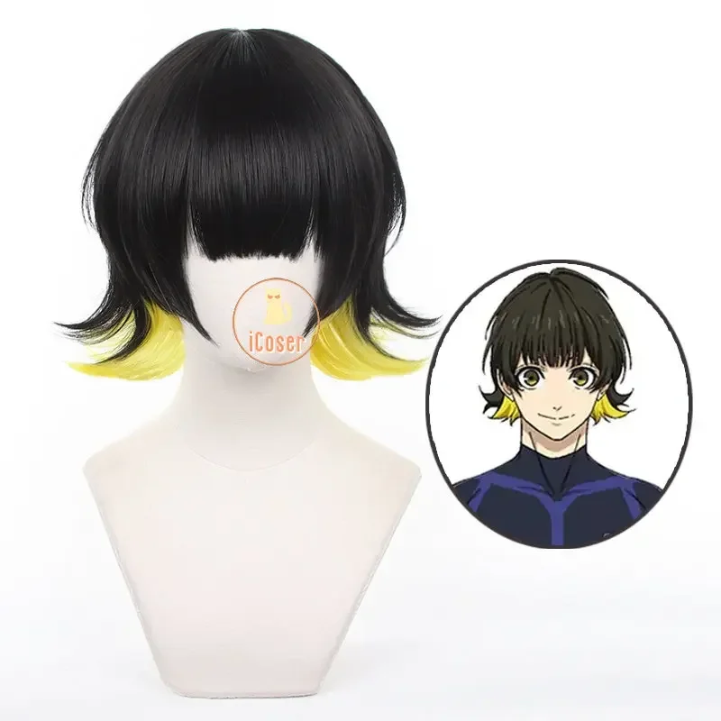 Anime Blue Lock Bachira Meguru Cosplay Wig Black Yellow Hair Bowl Cut Team Z No.8 Football Player Bob Halloween Accessory Men M1