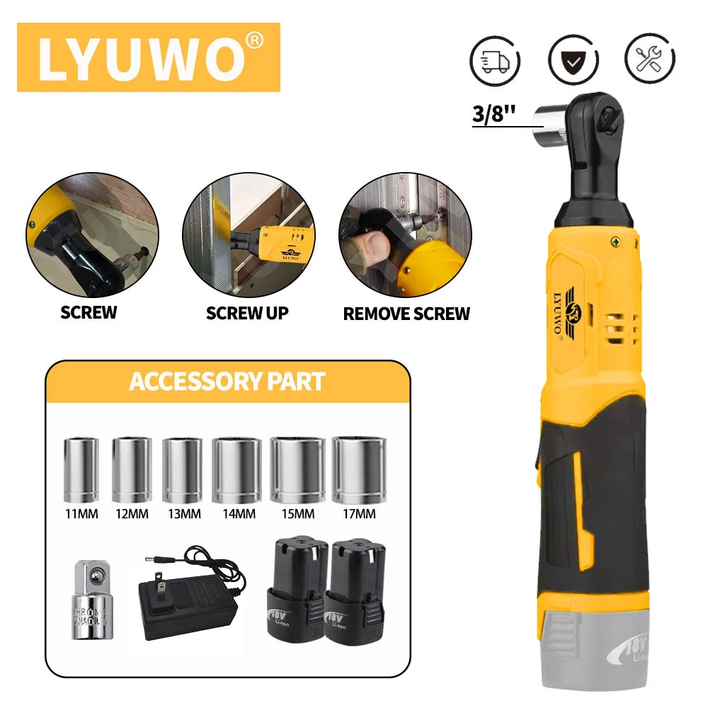 

LYUWO 18V 90 Degree Rechargeable Right Angle, Ratchet Kit, Angle Drill, Screwdriver Nut Removal, Car Repair Tool, Power Tool Set