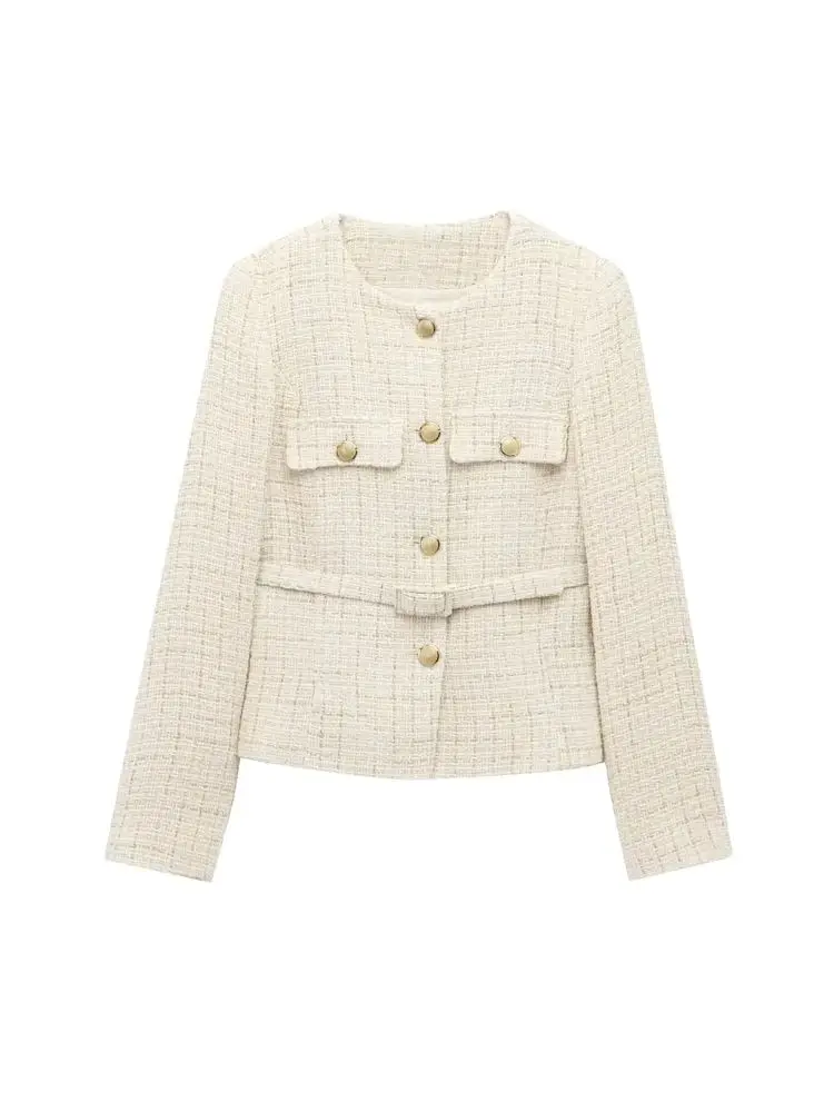 

GELITAYIN Women's Tweed Blazer Coat With Belt Long Sleeve Front Button Chic Outerwear Fashion Tops For Ladies