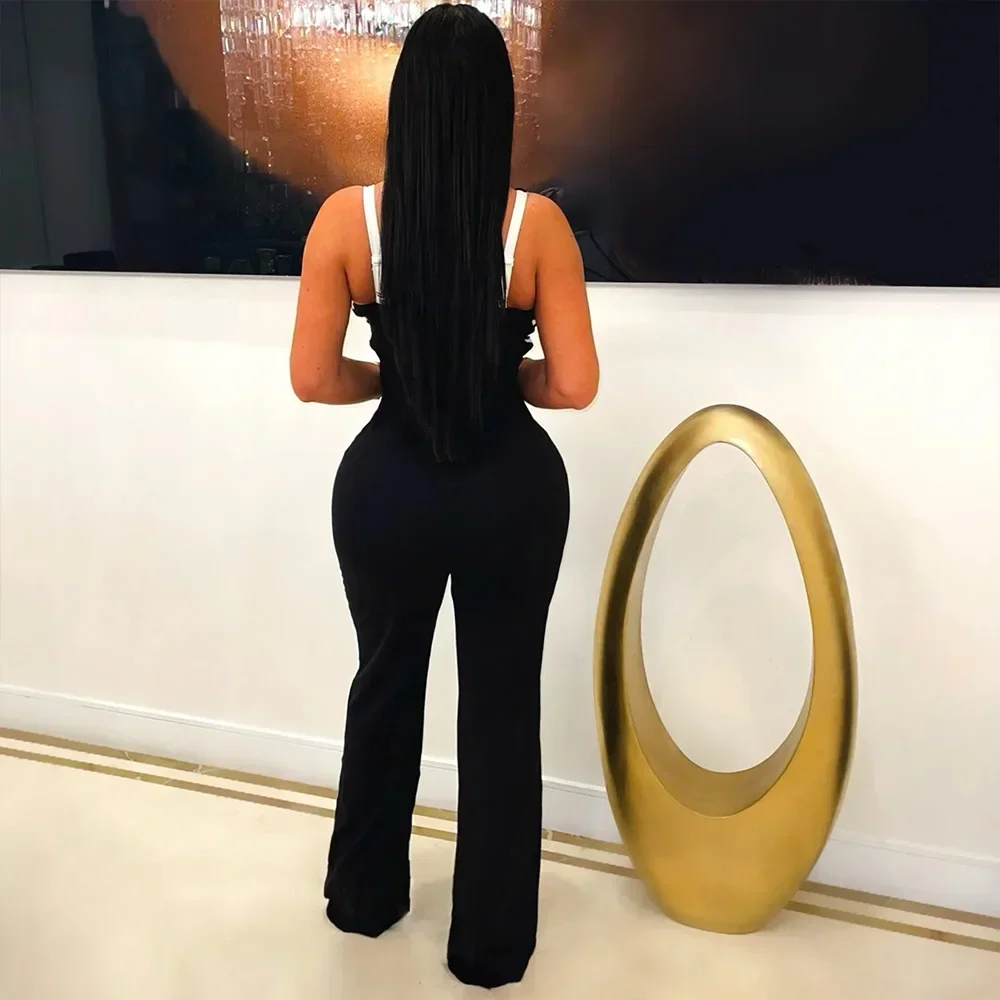 BWQ Women V-Neck Backless Wide Leg Straight Sleeveless Jumpsuits 2025 Spring Patchwork Sexy One Piece Set Streetwear Outfits