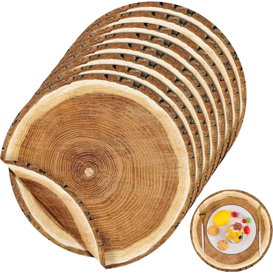 

60 Pack 13.8 Inches Wooden Slice Paper Placemats Disposable Rustic Wood Grain Round Table Mats for Vintage Country Wedding Birt