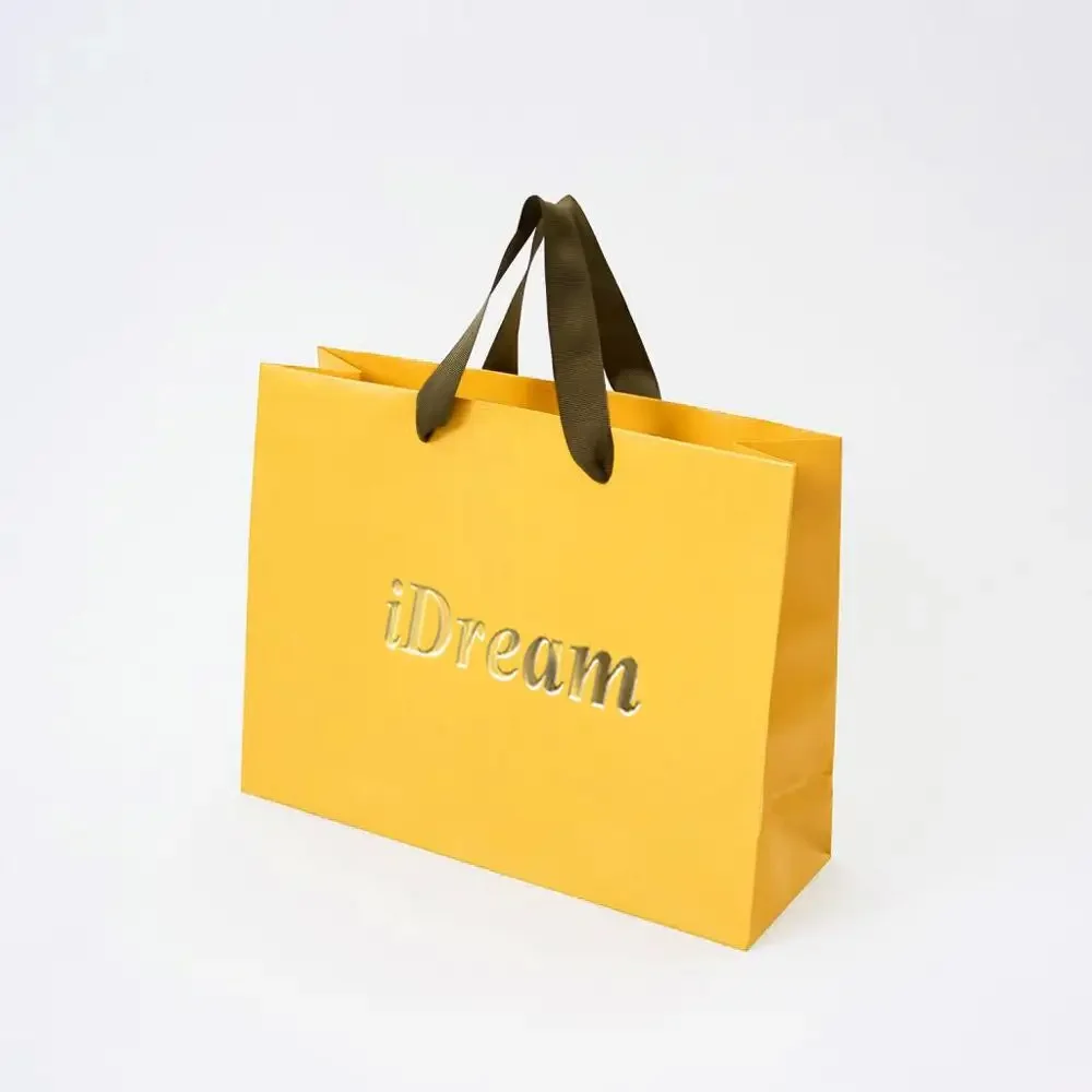 Custom gold hot stamping logo printed matt yellow cardboard shopping paper bag