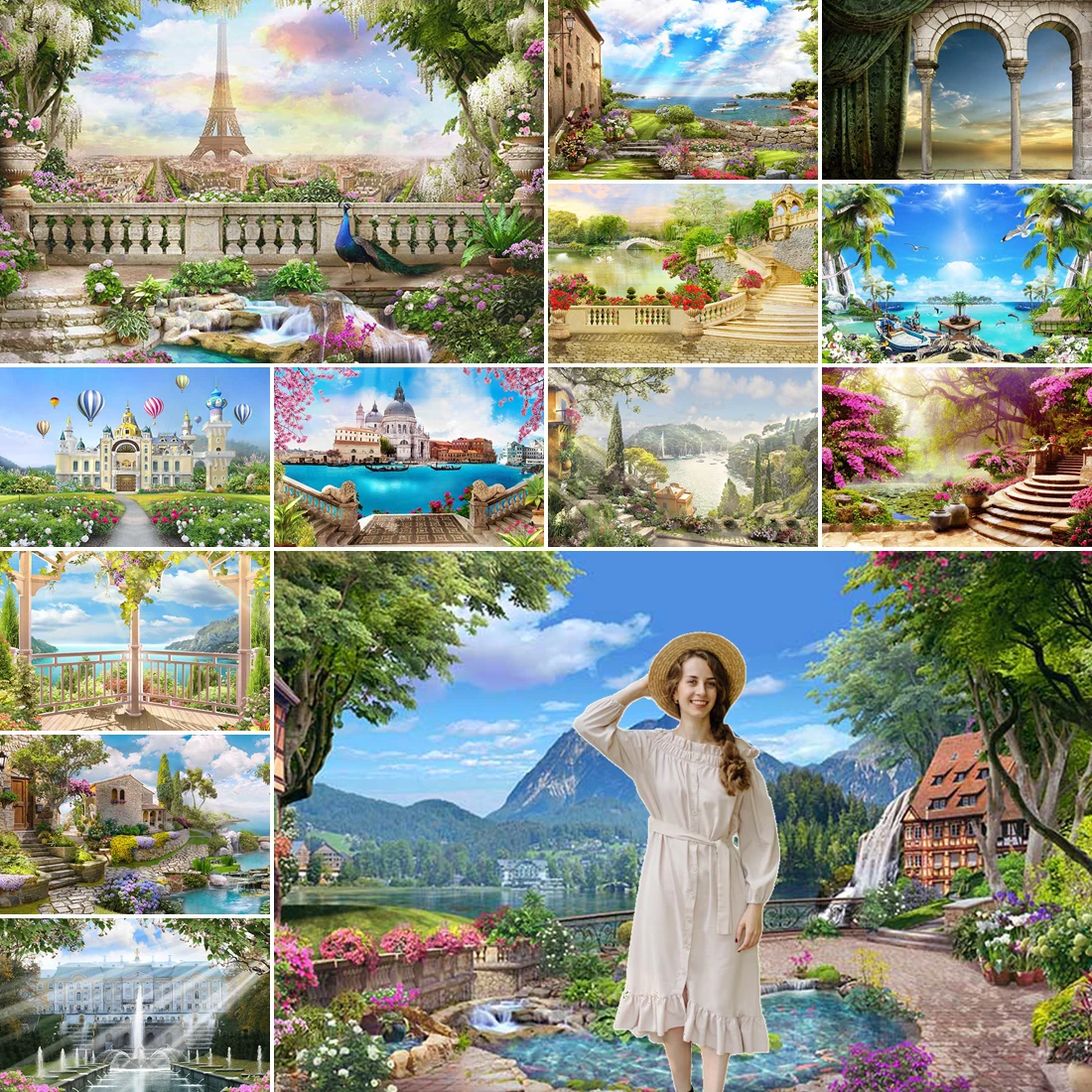 

MOON.QG Dreamy Landscape Backdrops For Photography Gardens Coasts Stone Arches Background Party Supplies Photo Booth Wedding