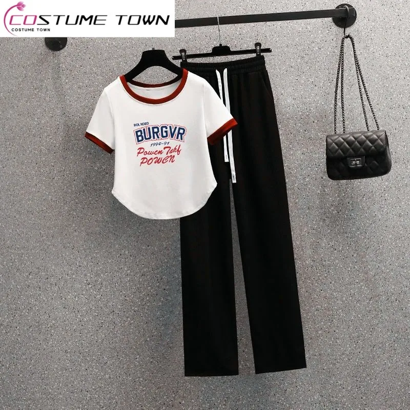 Suit Women's Large Women's Wear Spring/Summer 2023 New Fat Sister Sweet Style T-shirt Wide Leg Pants Two Piece Set Fashion