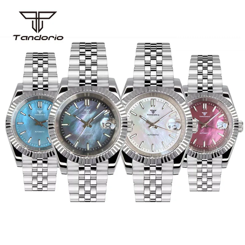 Tandorio 39mm Mechanical NH35 Mother of Pearl Dial Face Stainless Steel Automatic Watch Date Sapphire Men\'s Wristwatch Luminous