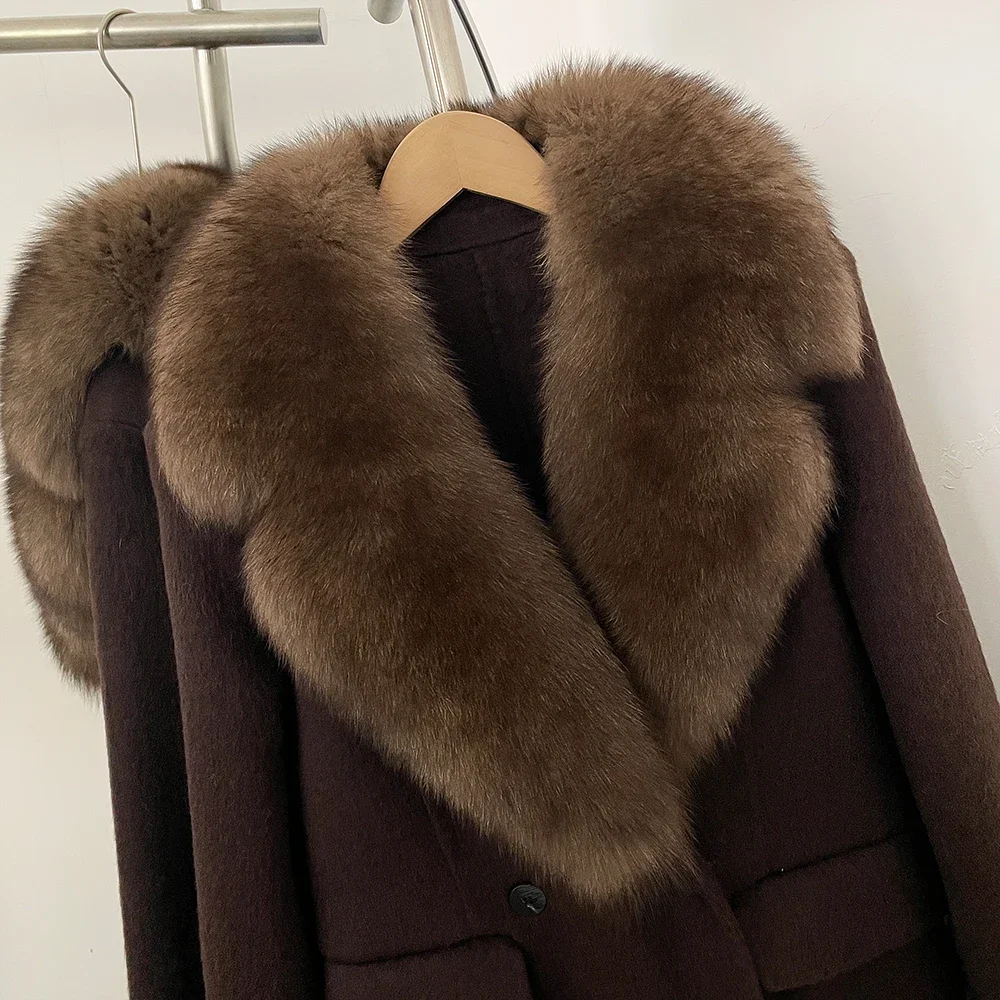OFTBUY Luxuriöser Doppelreihiger Langer Wollmantel für Damen mit Echtem Fuchspelzkragen, Winter-Wärmejacke, Schlanke Wollkleidung mit Echtpelz – Detail 30