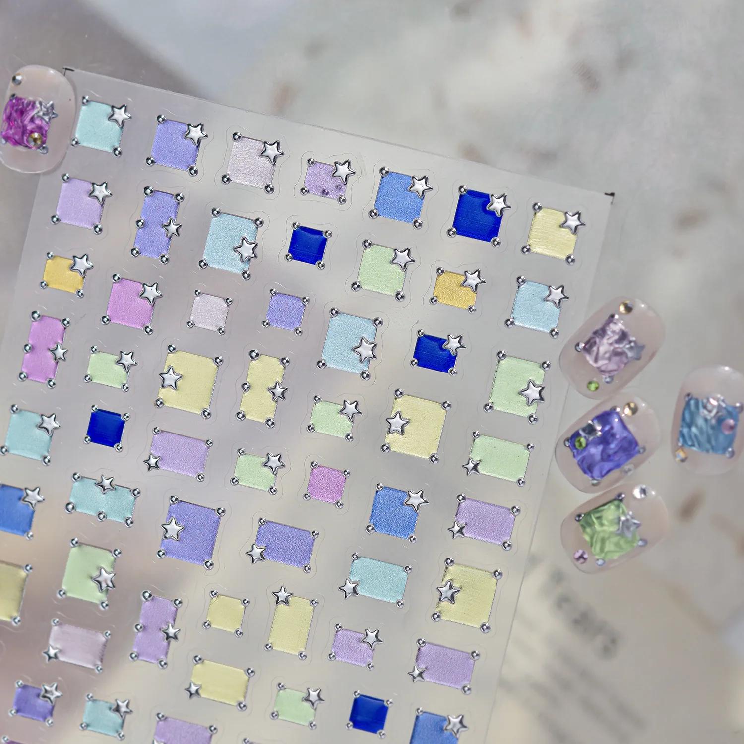 Abstract Rectangle Gradient Smudge Check Block Vintage Star Color Square Grid Simple 5D Nail Stickers Self Adhesive Manicure