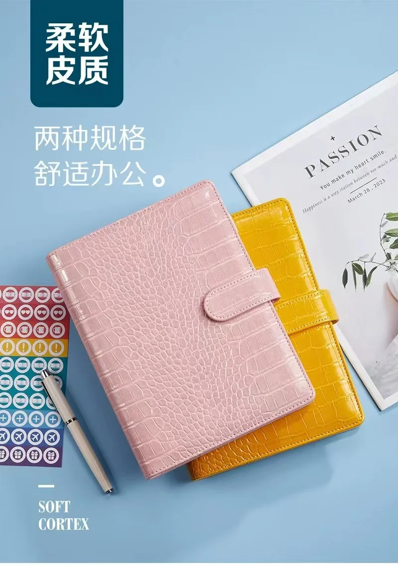 2025 New Crocodile Color 6 Ring Binder PU Clip-on Notebook Leather Loose Leaf Notebook Cover Notebooks Journal Stationery