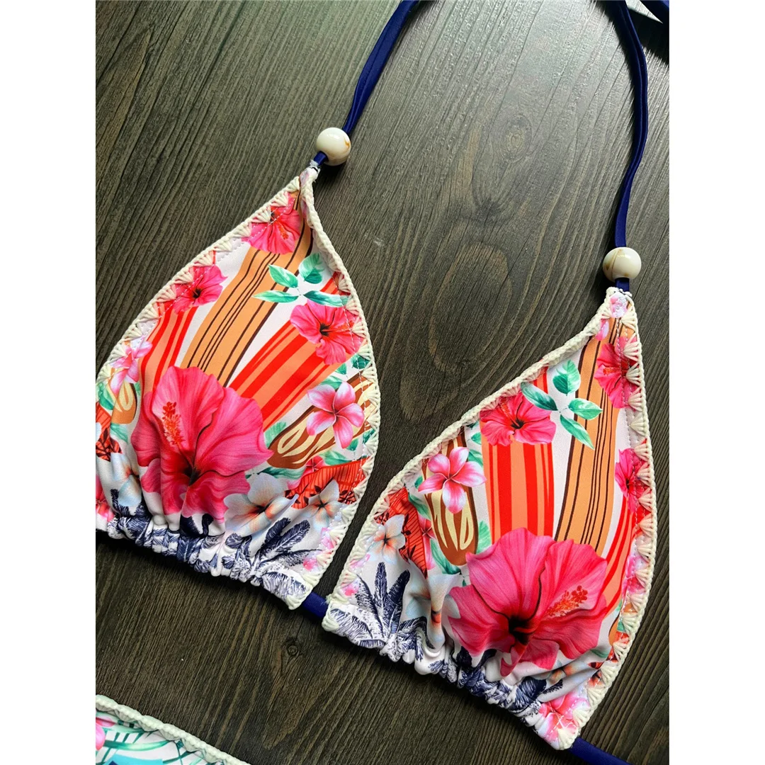 Blumenmuster, Neckholder-Bikini, Damen-Badeanzug, zweiteiliges Bikini-Set, gepolsterter Badeanzug, Badebekleidung, Modell V8283. – Detail 6