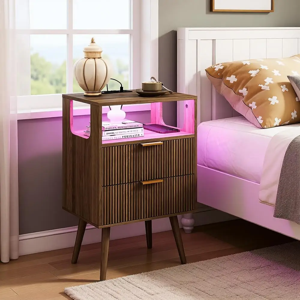 

LED-lit Charging Station Nightstand with 2 Drawers and Wooden Shelf for Small Bedrooms in Walnut Brown