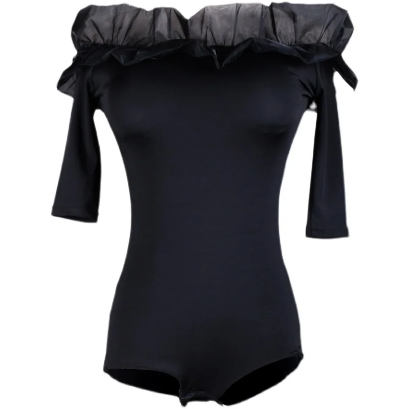 

Latin dance bodysuit top off shoulder lace ruffles collar modern dance practice top crotch buttons slim top