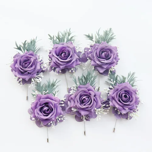 Conjunto de ramillete y Boutonniere para novia y dama de honor, accesorios de flores de boda, rosa púrpura, boda, novio, 1/6 piezas
