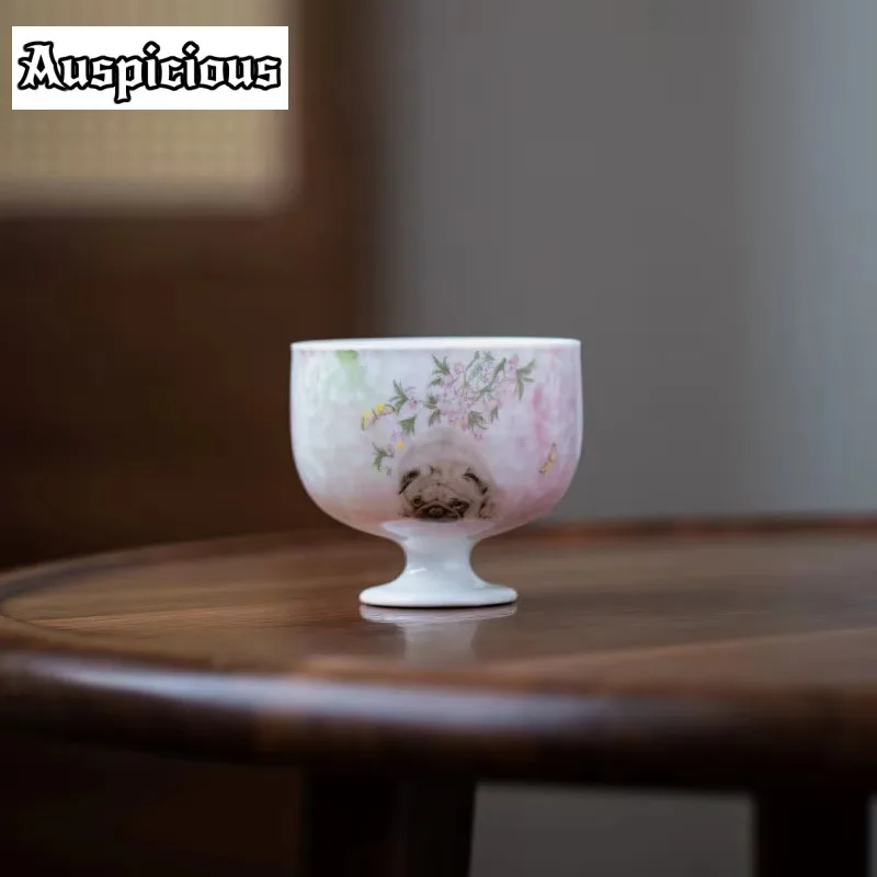 115ml Pure Hand-painted Peach Powder Ceramic High Foot Cup Creative Pug Dog Tea Cup Household Kung Fu Tea Master Cup Drinkware