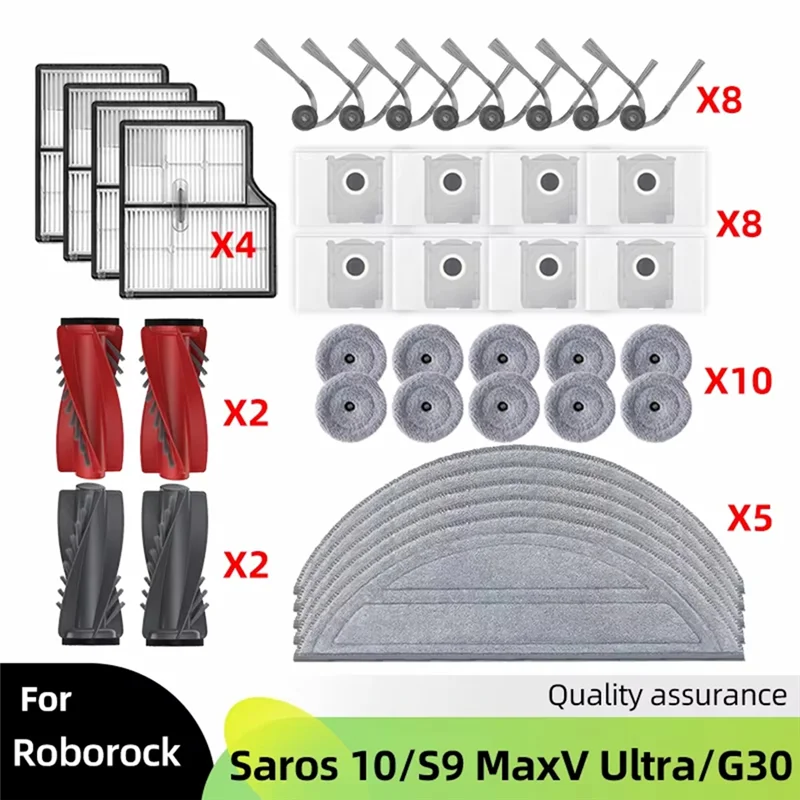مجموعة ملحقات ثابتة كاملة لـ Roborock Saros 10 / S9 Maxv Ultra / G30 - فرشاة الأسطوانة الرئيسية، فرشاة جانبية، فلتر، وممسحة