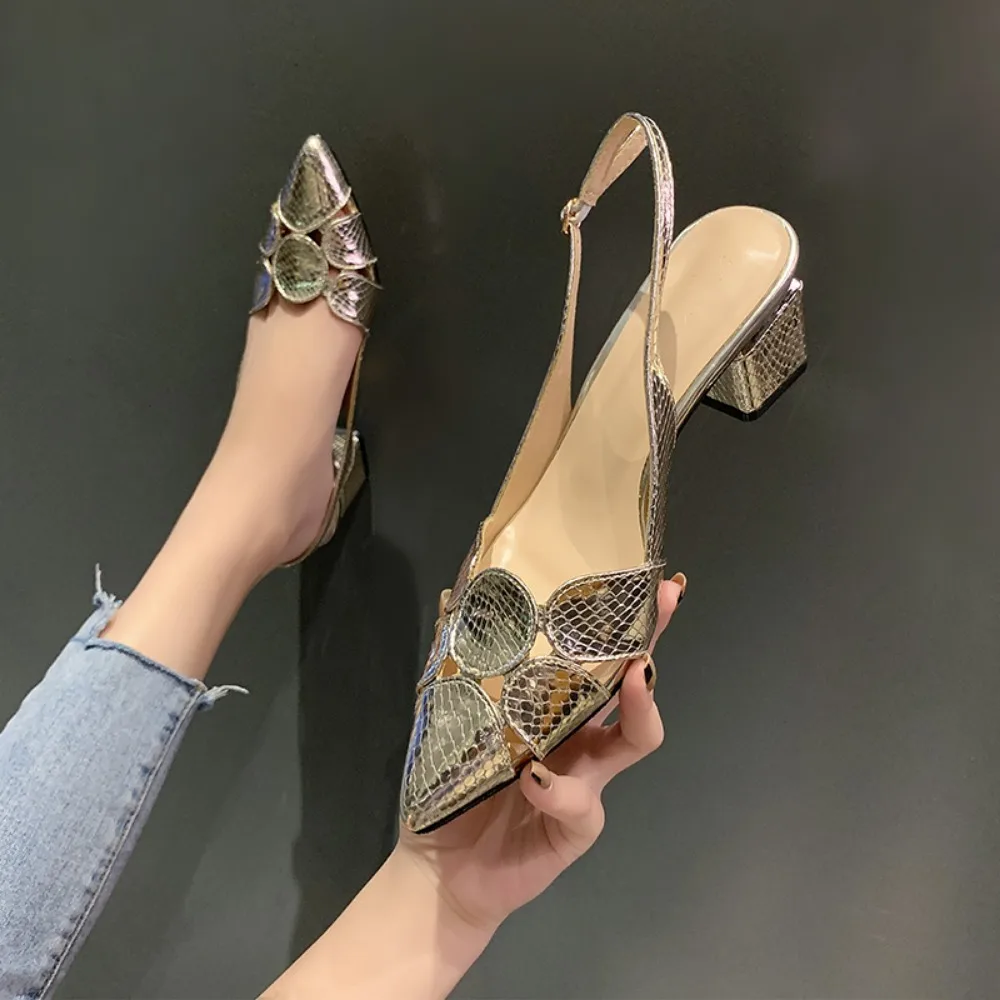 

Summer New Fashion High Heel Shoes Women Leather Pointed Toed Gold Lady Thick Heeled Sandals Female Wedding Bridal Shoes