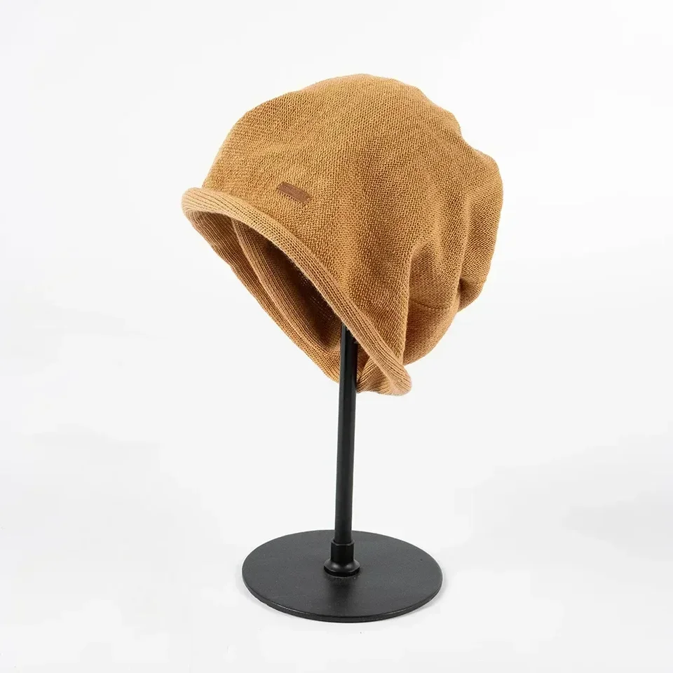 

Breathable Linen Beanie Hat for Women - Lightweight Cap with Leather Label, Spring/Autumn Casual Solid Color ies