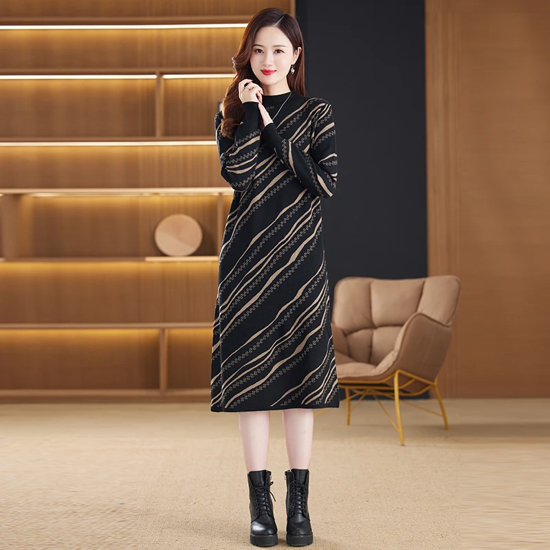 

Women's Wool Knit Dress 2023 New Year's Dress Large Size Elegant Skirt Loose Casual Knee-Length Dress Retro Women's Dress