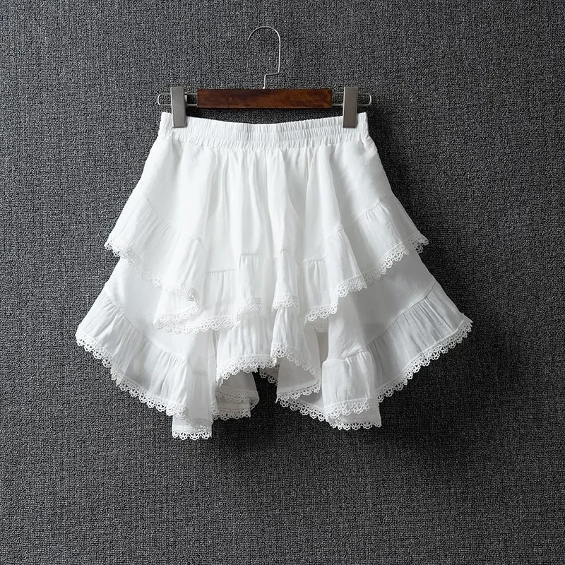 Pliado irregular feminino Mini Saias Kawaii, Renda, Patchwork, Coreano, Saia Fashion, Branco, Doce, Verão