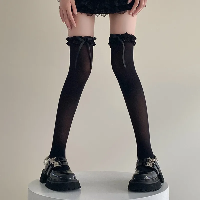 1 pair Lace bow over-the-knee socks, thigh socks, women's summer thin JK socks, Lolita cream over-the-knee socks