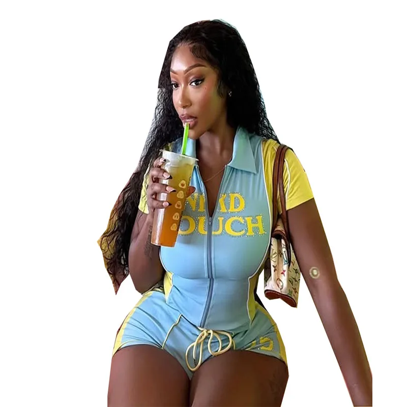 

STYLISH LADY Letter Printed Patchwork Sports 2 Piece Set Women Zipper Top and Drawstring Shorts Suits 2925 Summer Sports Outfits