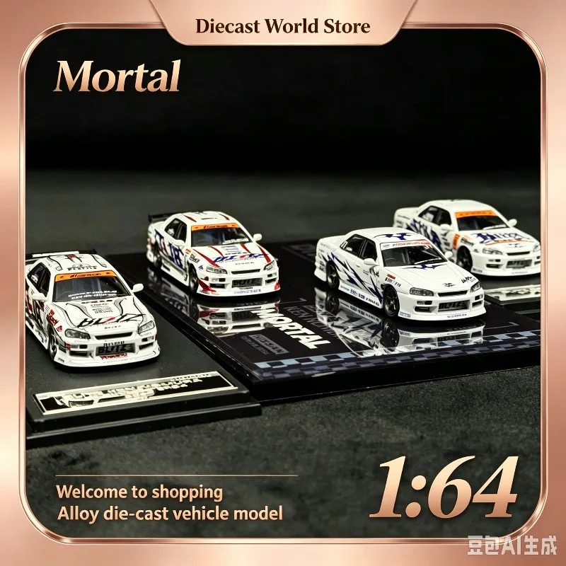 1:64 Mortal Nissan GTR ER34 Skyline drift car version, alloy car model.