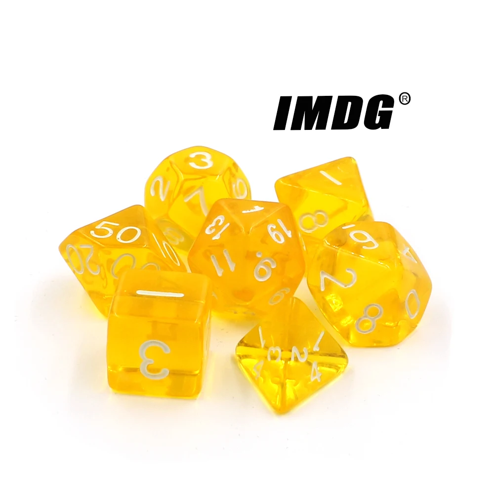 IMDG ใหม่7ชิ้น/เซ็ต Creative RPG เกมกระดาน Polyhedron ลูกเต๋าอะคริลิคโปร่งใสสีดิจิตอลเกมกระดานพร้อมกระเป๋า