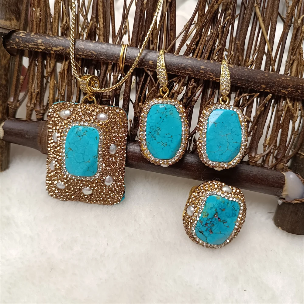 

European and American fashion blue turquoise ladies necklace earrings ring set personality luxury girls clothing accessories