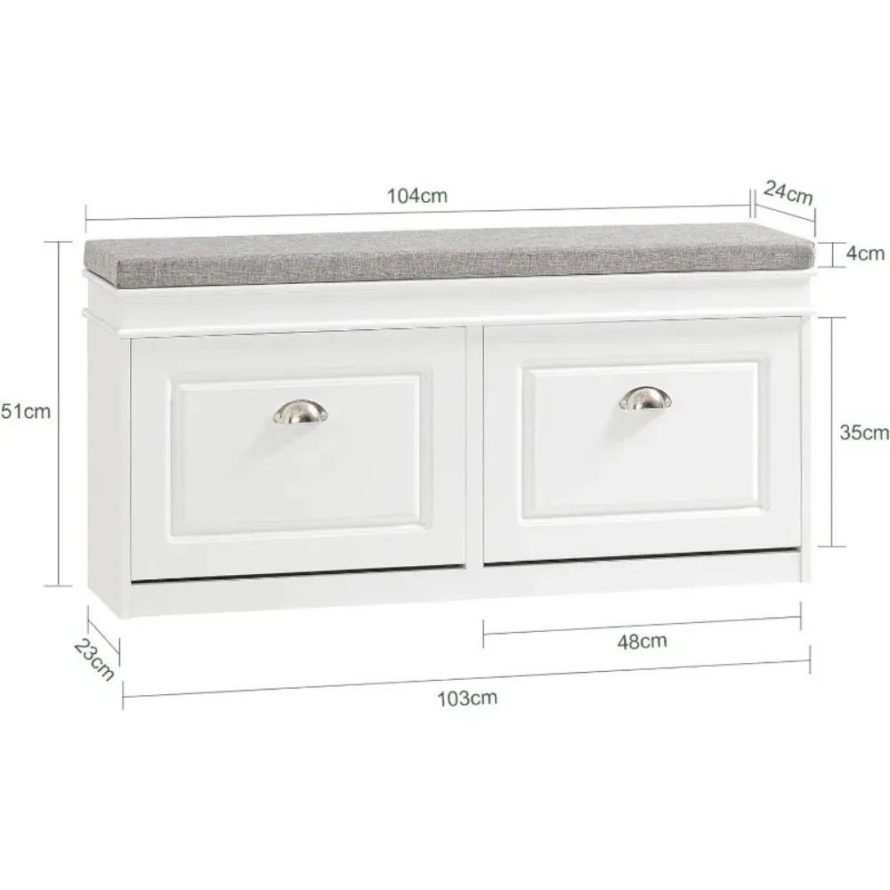 White Shoe Storage Bench with 2 Flip Drawers & Padded Seat Cushion, Modern Design Shoe Storage Hallway