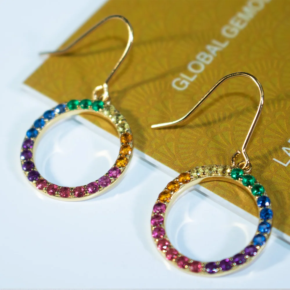 Multicolored Cubic Zirconia Round Drop Earring 14K Gold Plated Rainbow Drop Earrings